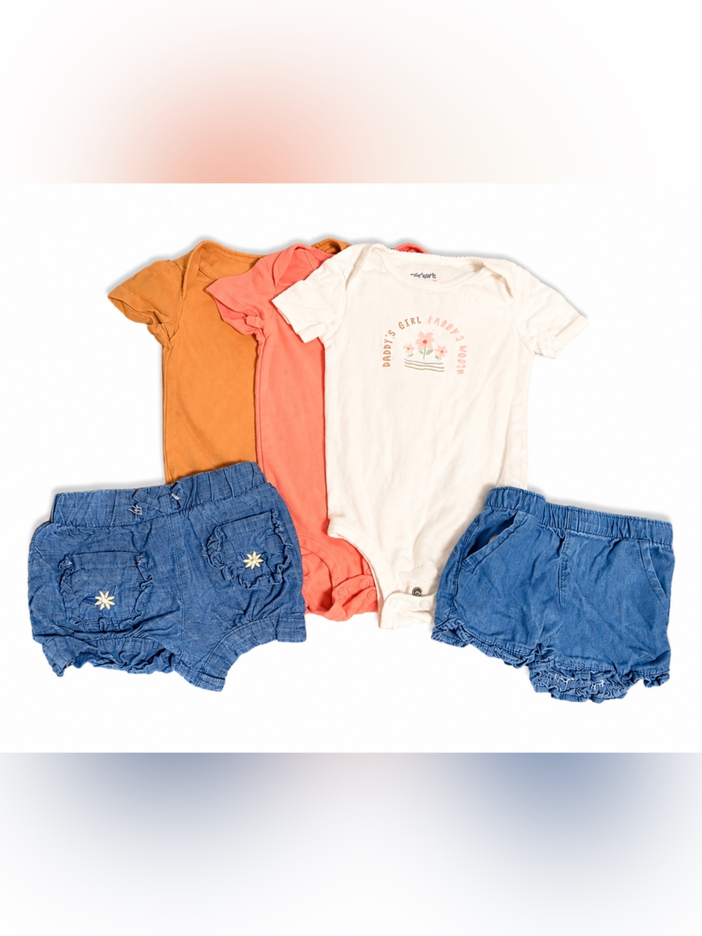 5 for $15! Baby Girl 12M Onesie Bundle Ivory Coral Mustard Denim Bloomers 5 Piec